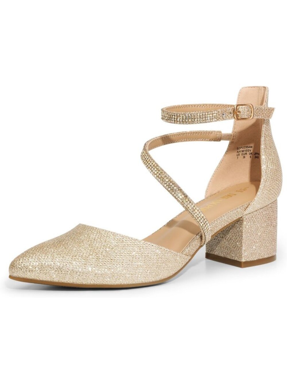 Women's Gold Leather Block Heel Pumps Closed Pointed Toe Ankle Strap Dress Shoes